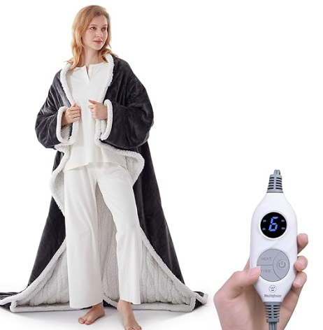 Westinghouse Electric Snuggle Throw Blankets with Foot Pocket, Wearable Heated Blanket with Sleeves, 6 Heating Levels & 2 to 10 Hours Heating Time Settings, 50 * 70"+18", Grey