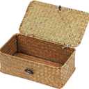 Wicker Storage Basket with Lid, Natural Seagrass Storage Baskets for Organizing, Rectangular Woven Basket for Storage, Decorative Boxes Bins with Lids Home Organizer Decor (9.05" x 5.11" x 3.34")