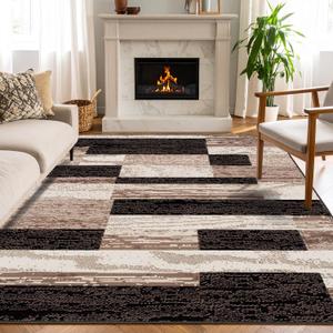 Superior Indoor Area Rug, Jute Backed, Modern Geometric Patchwork Floor Decor for Bedroom, Office, Living Room, Entryway, Hardwood Floors, Rockwood Collection, 8' x 10', Chocolate