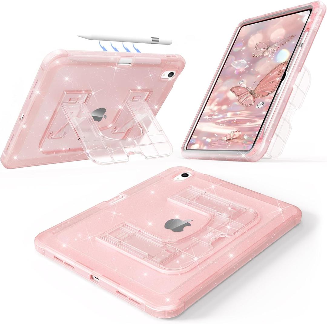 CCMAO Case for iPad (A16) 11th 11" 2025, iPad 10th Generation 2022 with Pencil Holder & Kickstand, Shockproof Protective Slim Thin iPad Case with Glitter Back Cover, Pink Glitter (Translucent Color)