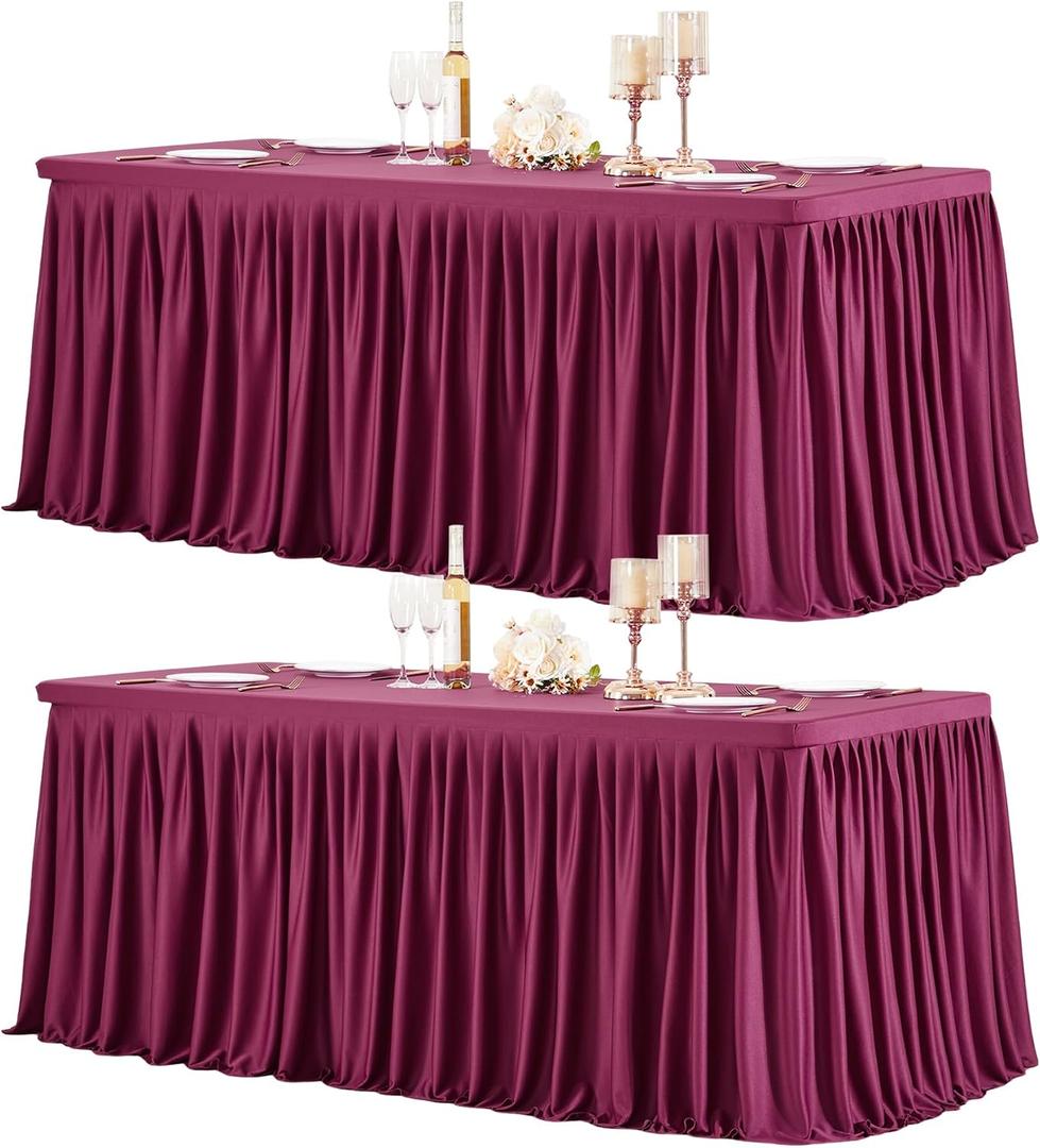 2 Packs Burgundy Polyester Table Clothes for 8 Foot Rectangle Tables, Wrinkle Free Fitted Table Cover 8ft Stretch Tablecloths with Skirt for Parties Weddings Birthday Banquet Baby Shower