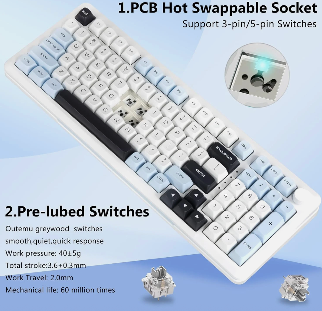 E-YOOSO Wireless Mechanical Keyboard, Creamy Sound, Bluetooth/2.4GHz/USB-C Hot Swappable Custom Gaming Keyboard, Pre-lubed Linear Switches, RGB Backlit, Knob Control for PC/Tablet/PS/Xbox