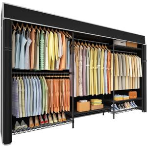 Ulif E13C Max Heavy Duty Closet Organizer Systemï¼ŒFreestanding Clothing Racks for Hanging Clothesï¼ŒAdjustable Garment Rack 86" W x16 D x77 H Hold 1100 lbsï¼ŒBlack Rack with Black Dustproof Cover