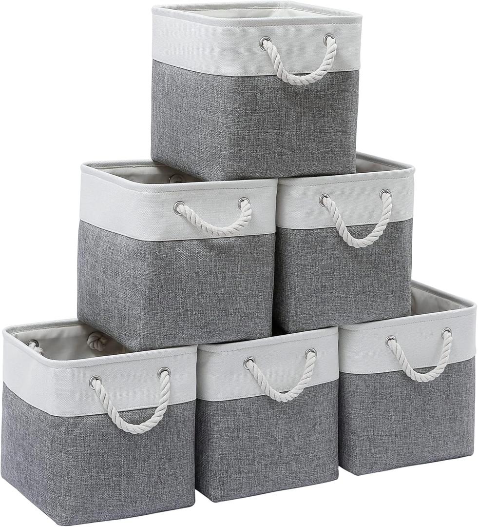 11 x 11 Inch Cube Storage Bins, 6 Pack Large Collapsible Fabric Storage Bin with Ropes, Foldable Storage Cubes for Home, Office,Closet, Clothes, Toys Organizer (White & Grey-11"x11"x11")