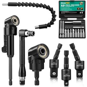 GRENPRO 19 Pcs Flexible Drill Bit Extension Kit, Includes 2 Pcs 105 Right Angle Drill Attachment, 3 Pcs Rotatable Socket Adapter, 10+2 Pcs Screwdriver Bits & Bendable Extension for Tight Spaces