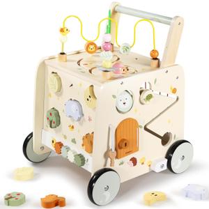 Pithfor Wooden Activity Cube Push Walker, Wooden Baby Walker, Montessori Push Toys for Babies Learning to Walk & Sit-to-Stand