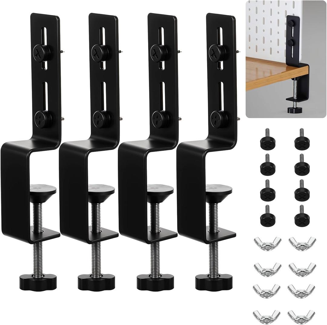4 Pcs Desk Clamp, Pegboard Fixing Bracket Desktop Fixing Bracket, Office Game Home Desktop Accessories Brackets, Pegboard Organizer Metal Brackets (Black)