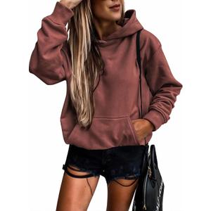 SHEWIN Women's Casual Hoodies Long Sleeve Solid Lightweight Pullover Tops Loose Sweatshirt with Pocket (Large, 2 Red)