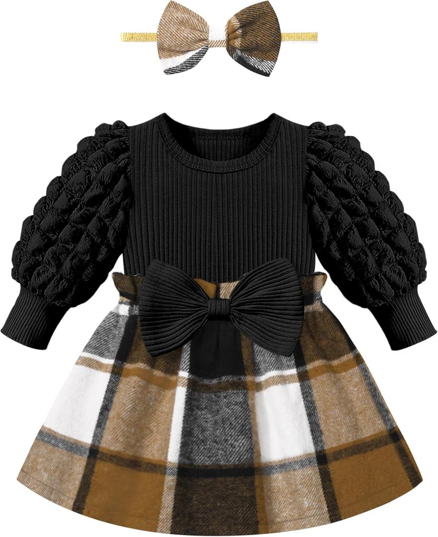 Qaoerde Baby Girl Dress Puff Sleeve Plaid Dress Ribbed Newborn Dress Clothes Fall Winter Outfits with Bowknot Headband (12-18 Months)