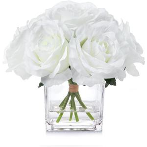 7 Large Stem Rose Artificial Flowers in Vase, Silk Floral Arrangement in Vase with Fake Water for Home Decor, Wedding Table (Cream)