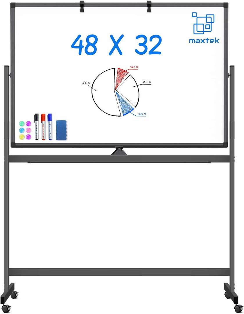 Rolling Dry Erase Board 48 x 32, maxtek Double-Sided Mobile White Board, Large Portable Magnetic Whiteboard with Stand - Easel Style Whiteboard with Wheels for Home Office Classroom School, Black