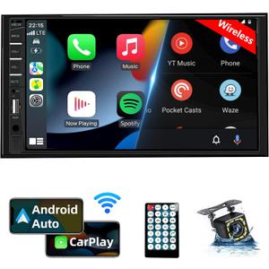 Naifay Double Din Car Stereo with Wireless Apple Carplay Android Auto, 7inch Touchscreen Car Radio with Bluetooth, Car Audio Receivers, Backup Camera, Mirrorlink, FM, SWC, GPS, USB/AUX/TF/Subwoofer