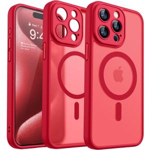 CANSHN Magnetic Compatible with iPhone 15 Pro Case, Upgraded [Full Camera Protection] [Compatible with Magsafe] [Translucent Matte] Shockproof Protective Phone Case Cover 6.1 Inch - Red