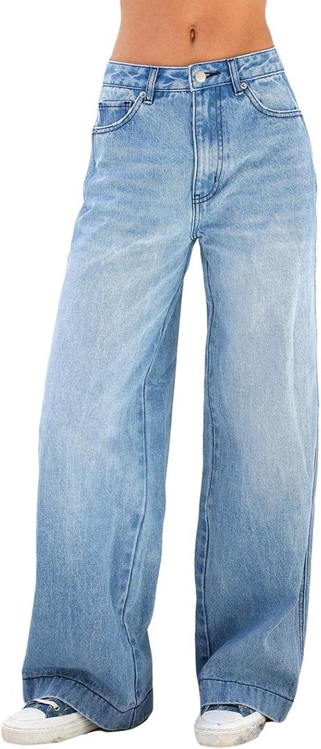 Women's Wide Leg Boyfriend Jeans Straight Leg Denim Pants Low Rise Baggy Casual Loose Jeans (Dark Blue, XS)