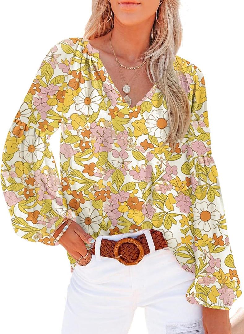 Dokotoo Women's Casual Boho Floral Print V Neck Long Sleeve T Shirt Blouses
