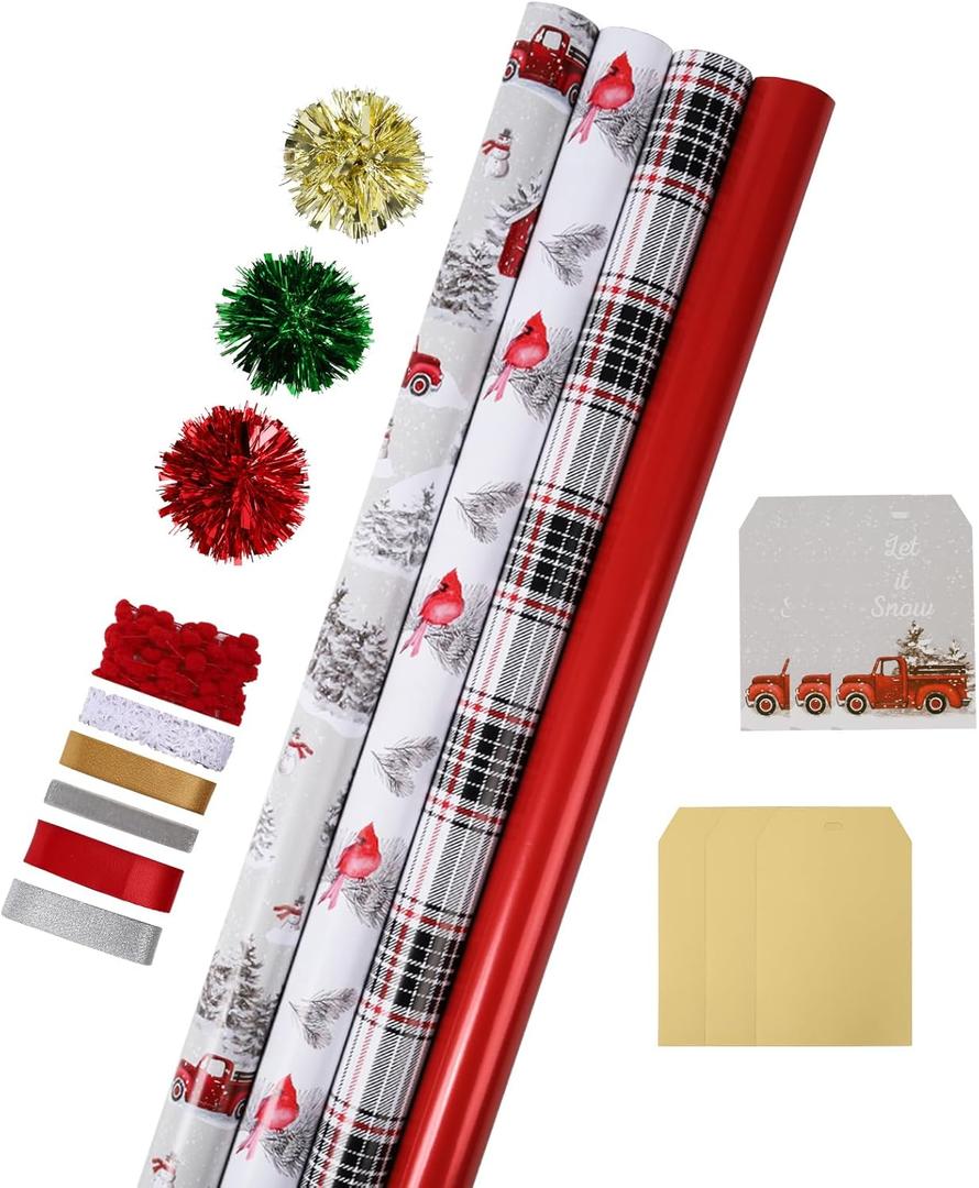 LaRibbons Christmas Wrapping Paper Sets, Classic Truck & Plaid & Cardinal Design with Ribbons & Gift Tags & Metallic Pom Pom for Christmas, Holiday, 30Inch  10Feet 4 Rolls: 100 Sq.Ft.Ttl