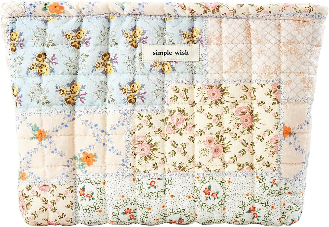 Floral Makeup Bag Pouch - Large Capacity Quilted Cosmetic Organizer for Travel Daily, Aesthetic Cottagecore Cotton Toiletry Purses with Zipper, Portable Gift for Women (Blue Floral-L)