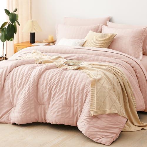 CozyLux King Size Comforter Set Blush Pink Seersucker 7 Pieces Bed in a Bag King Comforter Set with Sheets, Luxury Soft Bedding Sets with Down Alternative Comforter, Sheets, Pillowcases & Shams