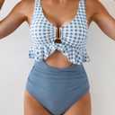 B2prity Womens One Piece Swimsuit Tummy Control Ruffled Bathing Suit V Neck Cutout Swim Suit Tie Back Swimwear (Blue, XL)
