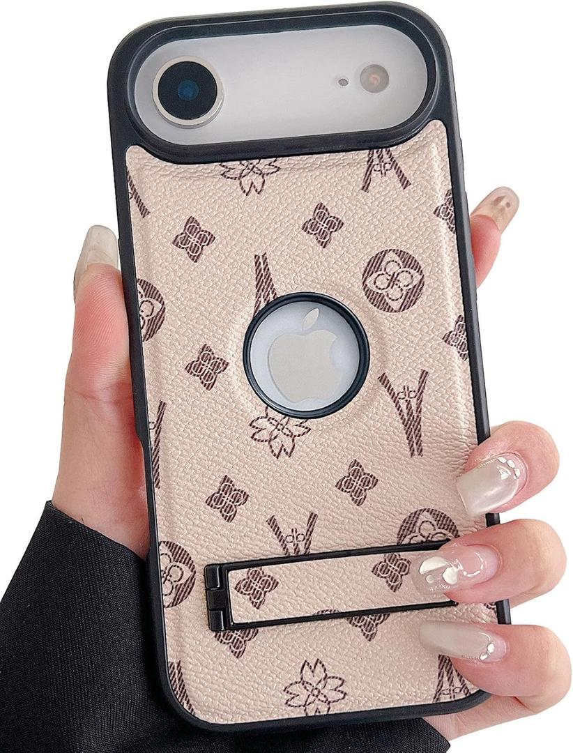 Compatible with iPhone 17 Air Case Luxury Designer Leather for Women Girls,Hybrid TPU+PU Leather with Foldable Stand Shockproof Protective Cover for iPhone 17 Air - 6.5 inch (Beige)