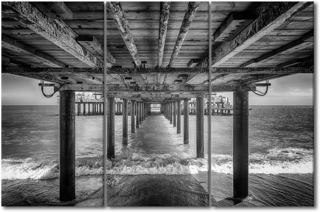 3 Panels Black And White Canvas Print - The Underside Of A Pier Pictures for Home Walls Pier Rest Area Art Painting for Bedroom Living Room Office Decor Stretched Framed Ready to Hang, 60"Wx40"H