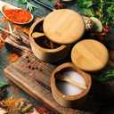 Natural bamboo Salt and Pepper Bowl, Bamboo Salt Cellar and Spices Storage Box With Built-in Spoon and Magnetic Swivel Lid (Two Compartments)