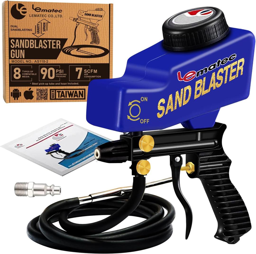 LE LEMATEC Portable Sandblaster Gun Kit, Air Compressor Sand Blaster, Paint & Rust Remover, Abrasive Media & Soda Blaster for Metal, Wood, Automotive & DIY Surface Prep, AS118-2C