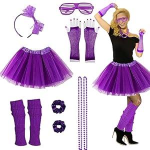 80s Outfit for Women Party 80's Accessories 7pc 70s 90s 1980s Costumes with Purple Tutu Neon Leg Warmers 80s Neon Scrunchies Gloves Necklace Shutter Glass for Cosplay Theme Party, Free Size 