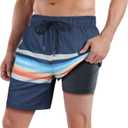 QRANSS Mens Swim Trunks with Compression Lined 7'' Swim Shorts Quick Dry Swimwear Boardshorts with Boxer Brief Liner (Small, Grayantique)