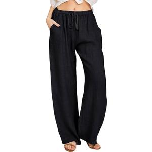 ebossy Women's Cotton Linen Pants Elastic High Waist Drawstring Wide Leg Lounge Palazzo Yoga Trousers (X-Large, Black)