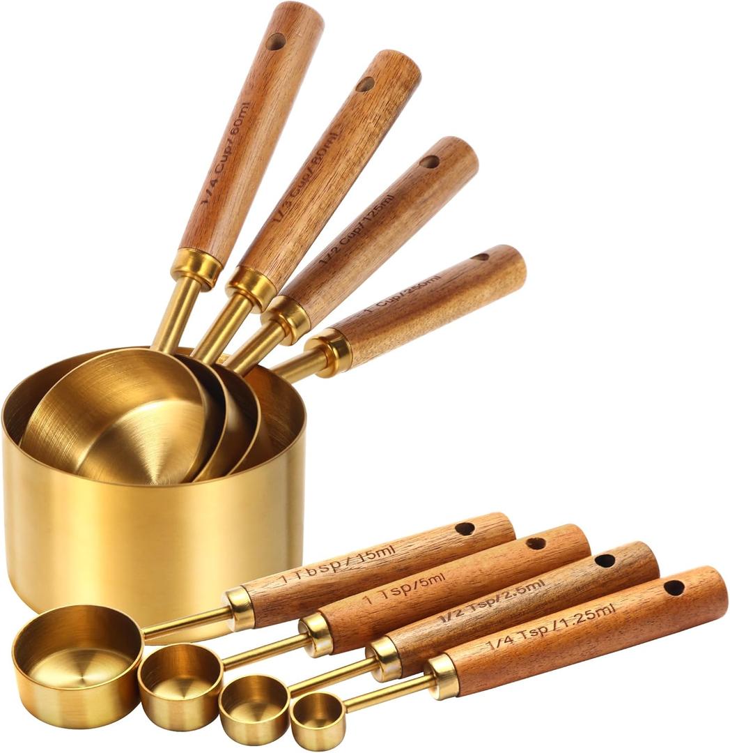 Gold Measuring Cups and Spoons Set,8 Piece Premium Stainless Steel Measuring Cups with Wood Handles,4 Stackable Wooden Measuring Cups and 4 Measuring Spoons Set for Baking Supplies in the Kitchen