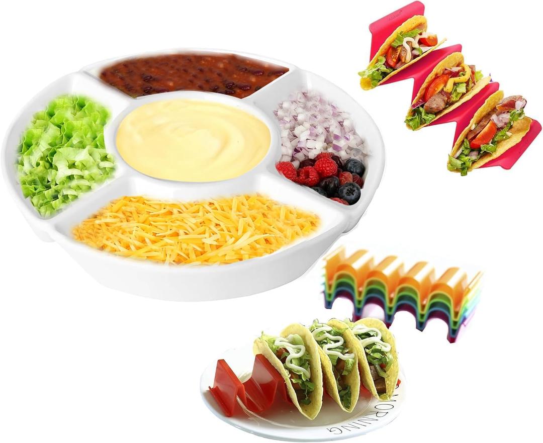 Taco Serving Platter - Divided Serving Tray for Taco Tuesday Lazy Susan Taco Bar - Chip and Dip Serving Set for Party - Appetizer Serving Tray for Salsa, Snacks with 4 Taco Holder Stands