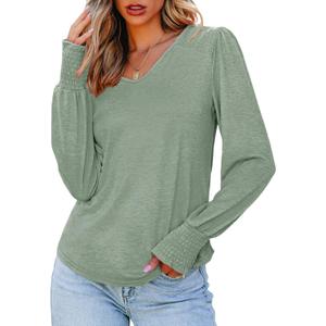 Dokotoo Women's Casual Long Sleeve Shirts Shirred Shoulders Solid Color Knit Tops Blouses (S)