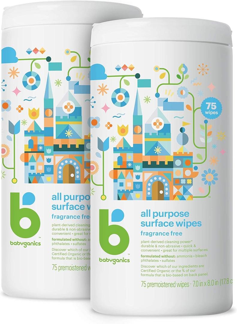 Babyganics All Purpose Surface Wipes, Fragrance-Free, 75 Count Plant Based and Non-Abrasive, No Ammonia, No Bleach (Pack of 2)