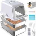 Stainless Steel Sifting Cat Litter Box with Lid, XL Fully Enclosed Multi-Purpose Metal Sifting Litter Box for Big Cats, Anti-Leakage, Easy Clean, Includes Scoop, Liner, Pee Pad, Carbon Filter and Hook