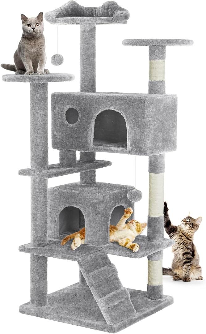 DUMOS 54-inch Indoor Cat Tree Tower Multi-Level Pet House for Large Cats with 2 Condos, Scratching Posts, Round Platform, Small Ladder, and Toys, Light Grey