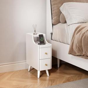Narrow Nightstand with Drawers7.9" Slim Solid Wood Bedside Table with Open Shelf & Cable HoleSmall End Tables for Small SpacesWhite Side Tables Bedroom & Dorm