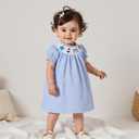 Toddler Little Baby Girl 4th of July Dress Puff Short Sleeve Stripes Smocked Dresses Kids Fourth of July Outfit (Blue)