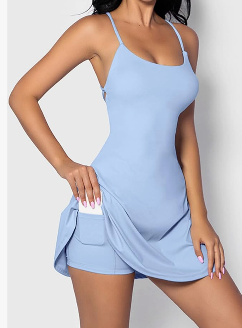 QINSEN Womens Two Pieces Tennis Dress with Shorts Workout Open Back Active Golf Dresses