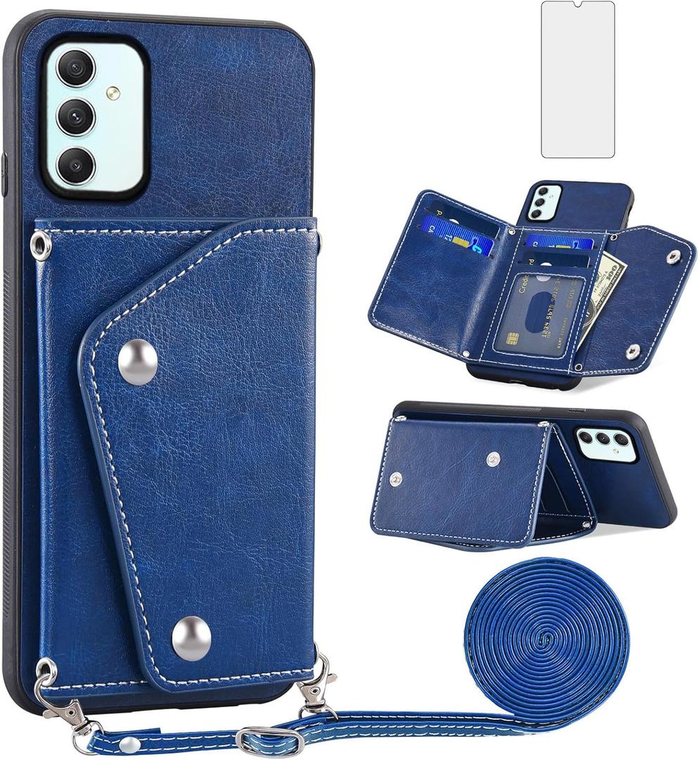 Asuwish Phone Case for Samsung Galaxy A34 5G Wallet Cover with Tempered Glass Screen Protector Credit Card Holder Crossbody Strap Stand Leather Cell Accessories A 34 34A Women Men Girls Shoulder Blue