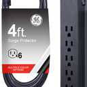 GE Pro 6-Outlet Surge Protector, 4 Ft Extension Cord, 840 Joules, Power Strip, Flat Plug, Integrated Circuit Breaker, Wall Mount, UL Listed, Black, 37051