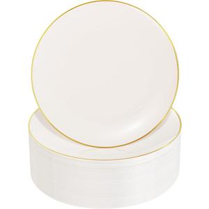 Nervure 100Pcs Ivory and Gold Plastic Plates - 10.25 Inch Disposable Ivory Dinner Plates - Heavy Duty Plastic Plate Ideal for Wedding & Party 