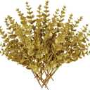 Hollyone 20 Pcs Glitter Artificial Eucalyptus Branches 13" Christmas Pine Stems Picks Gold Fake Picks Stems for DIY Christmas Tree Garland Wreath Crafts Home Decoration