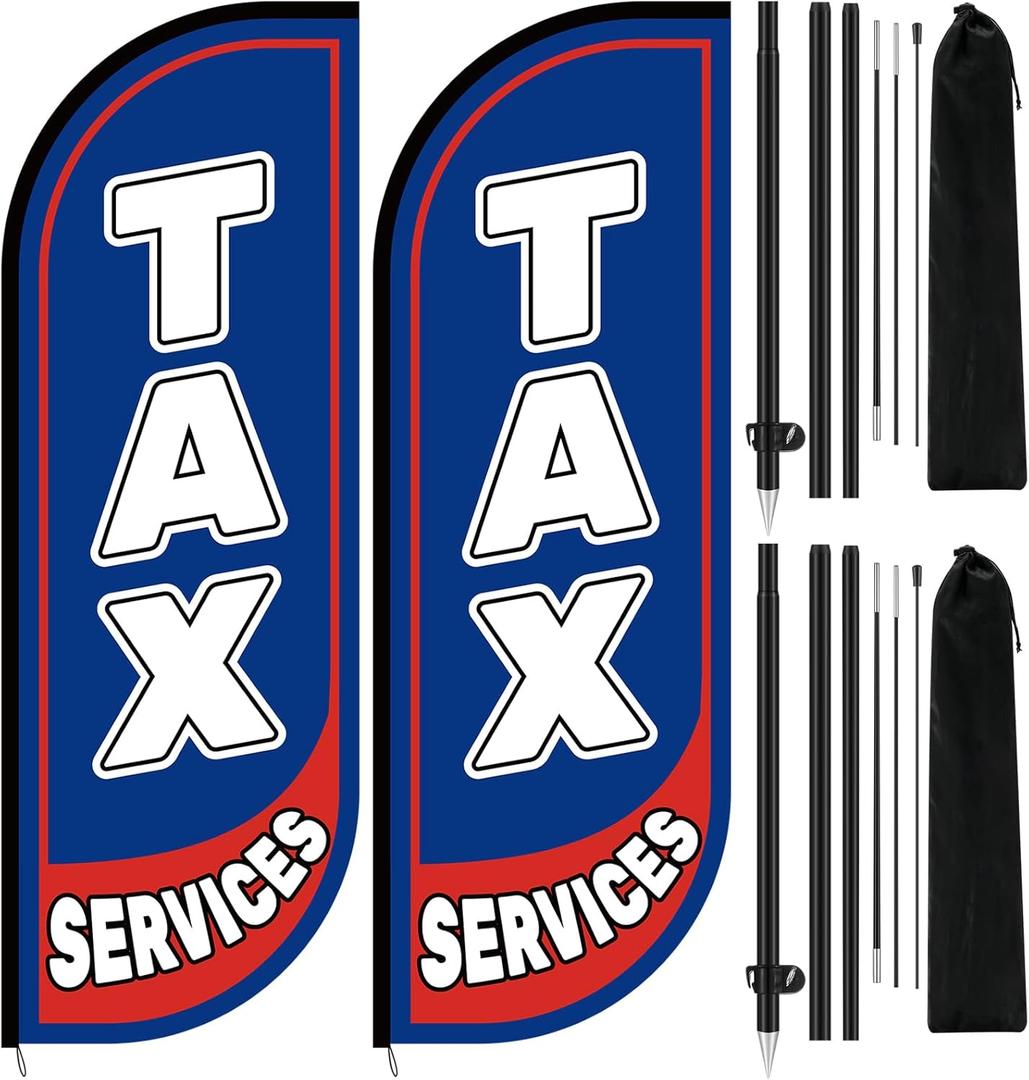Mindsoft 2 Sets 7 ft Income Tax Service Feather Flag with Flagpole and Ground Stake, Tax Service Advertising Feather Banner Financial Flag Sign for Accountant Offices Accounting Businesses
