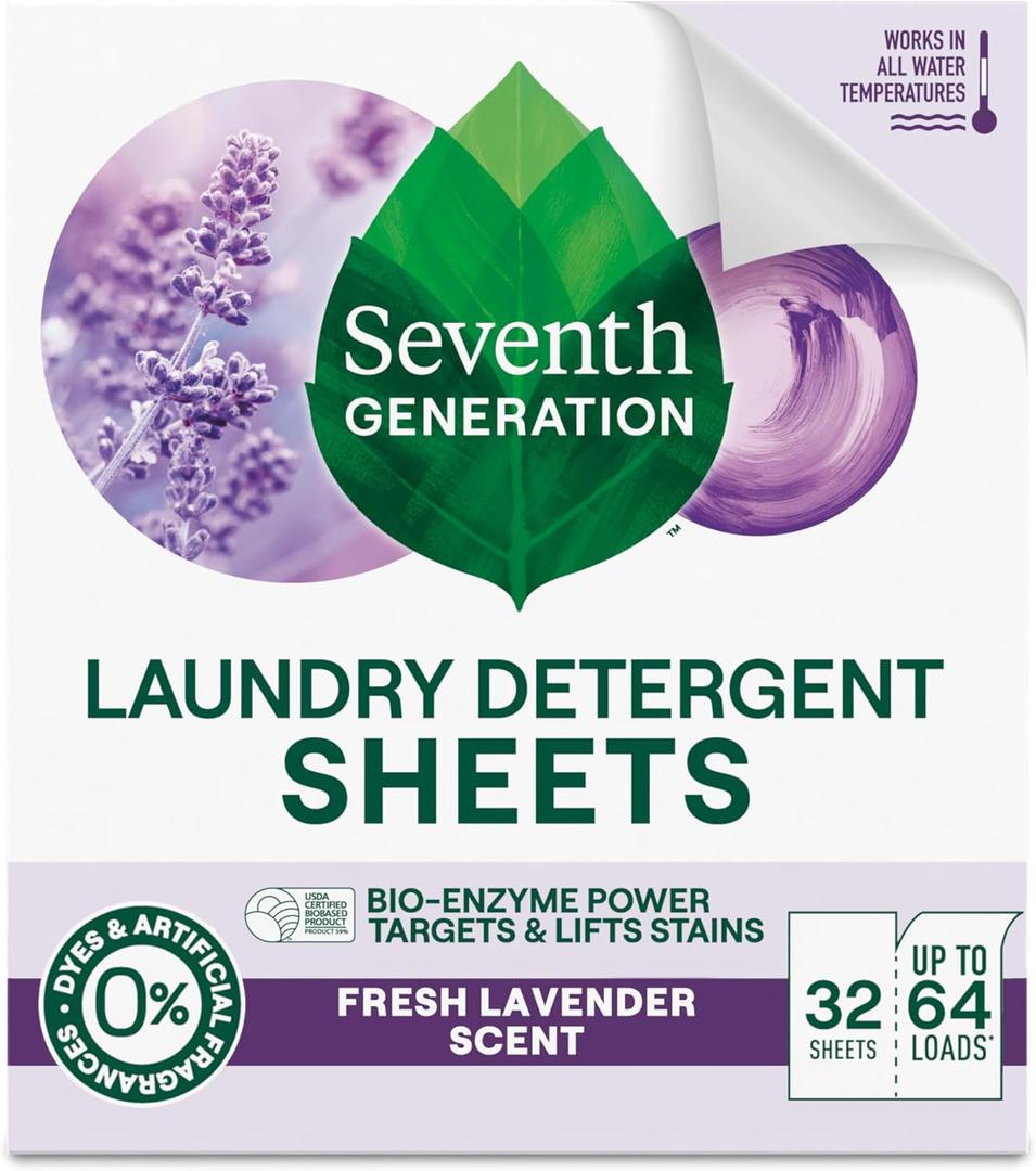 Seventh Generation Laundry Detergent Sheets, Up to 64 Loads, Fresh Lavender Scent, Removes Tough Stains, 0% Dyes and Artificial Fragrances, Safer for your family (32 Count (Pack of 1))