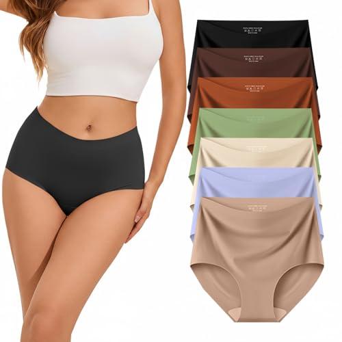 Ailongcity Womens Underwear High Waist No Show 7 Pack Panties Seamless Full Coverage Briefs Silky Stretch (US, Alpha, Small, Regular, Regular, Black/Orange/Purple/Marron/Green/Coffee brown/Nude)