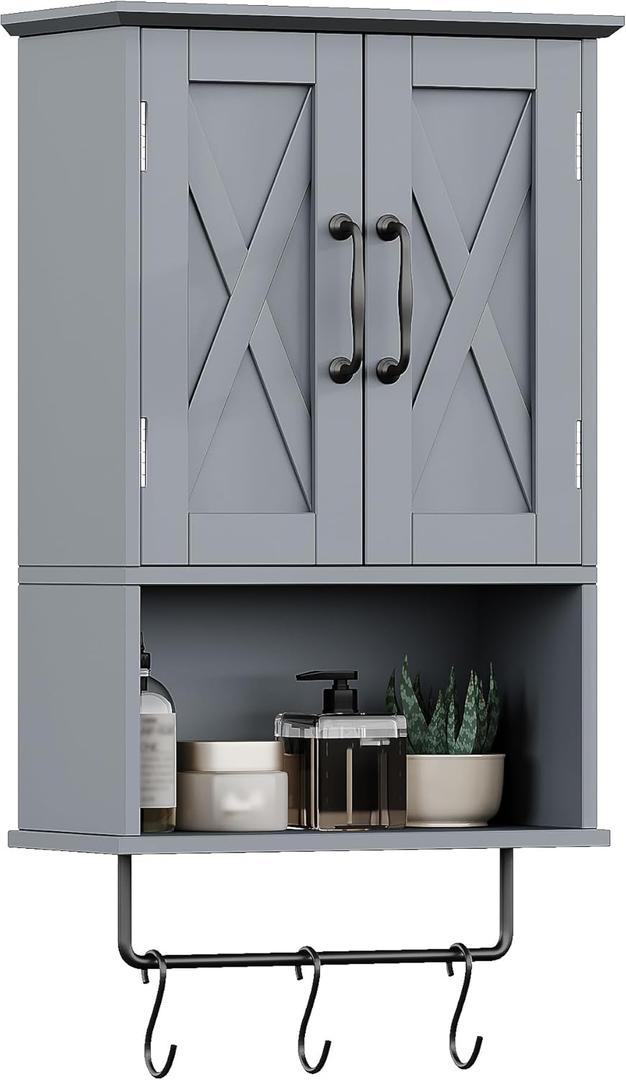 ChooChoo Farmhouse Medicine Cabinet, Bathroom Wall Cabinet with Adjustable Shelf, Towel Bar, 3 Hooks, Over The Toilet Storage Cabinet for Bathroom, Kitchen, Grey (7"D x 15"W x 22"H)