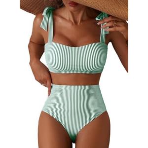 Herseas Women's Tie Shoulder Bikini Sets 2 Piece Striped Swimsuits High Waisted Bathing Suits, M