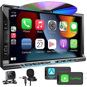Double Din Car Stereo Radio with CD/DVD Player, 7 HD Touch Screen Car Stereo with CarPlay & Android Auto, Bluetooth 5.2, Mirror link, Backup Camera, Subwoofer,SWC, AM/FM Car Radio Receiver, AUX Input