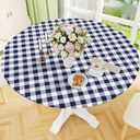 Smiry Round Picnic Tablecloth, Elastic Waterproof Fitted Vinyl Tablecloths for 18"-24" Tables, Flannel Backed Buffalo Plaid Table Cover for Dining, Camping, Outdoor, White and Navy